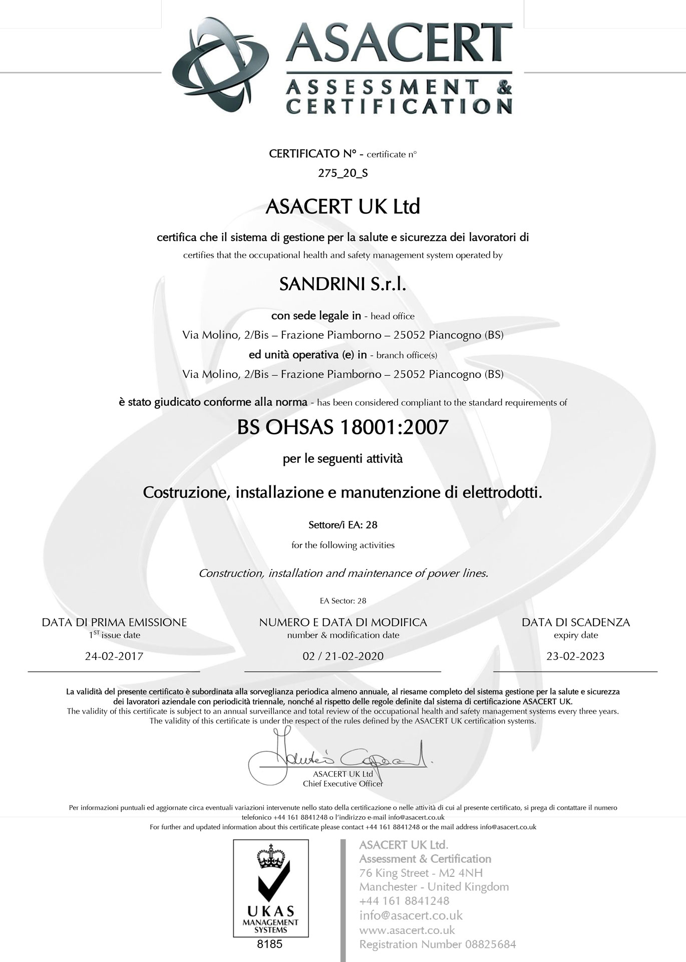 Sandrini Certificazione BS OHSAS 180012007